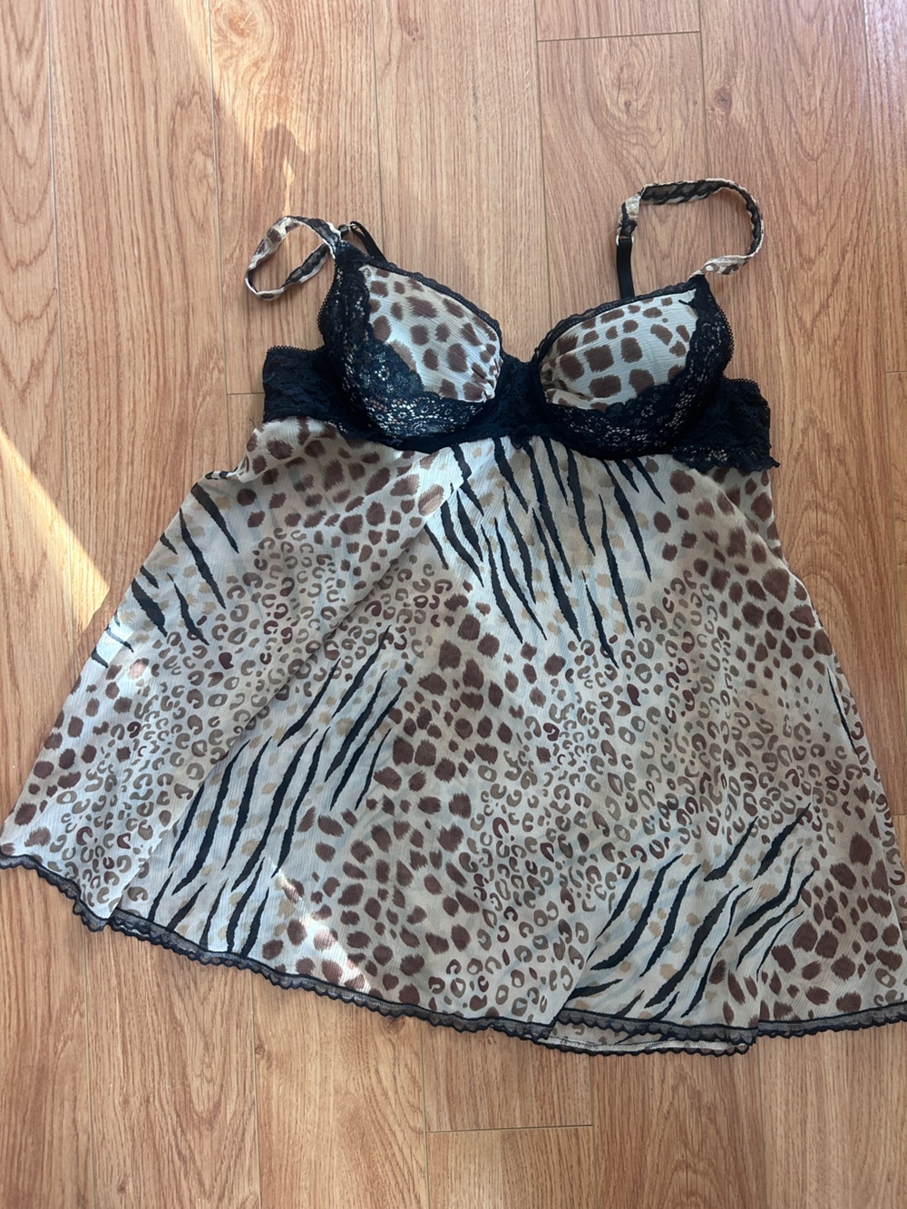 SENTIMENTS vintage Lace-Trim Animal Print Babydoll slip Chemise - Black & Tan